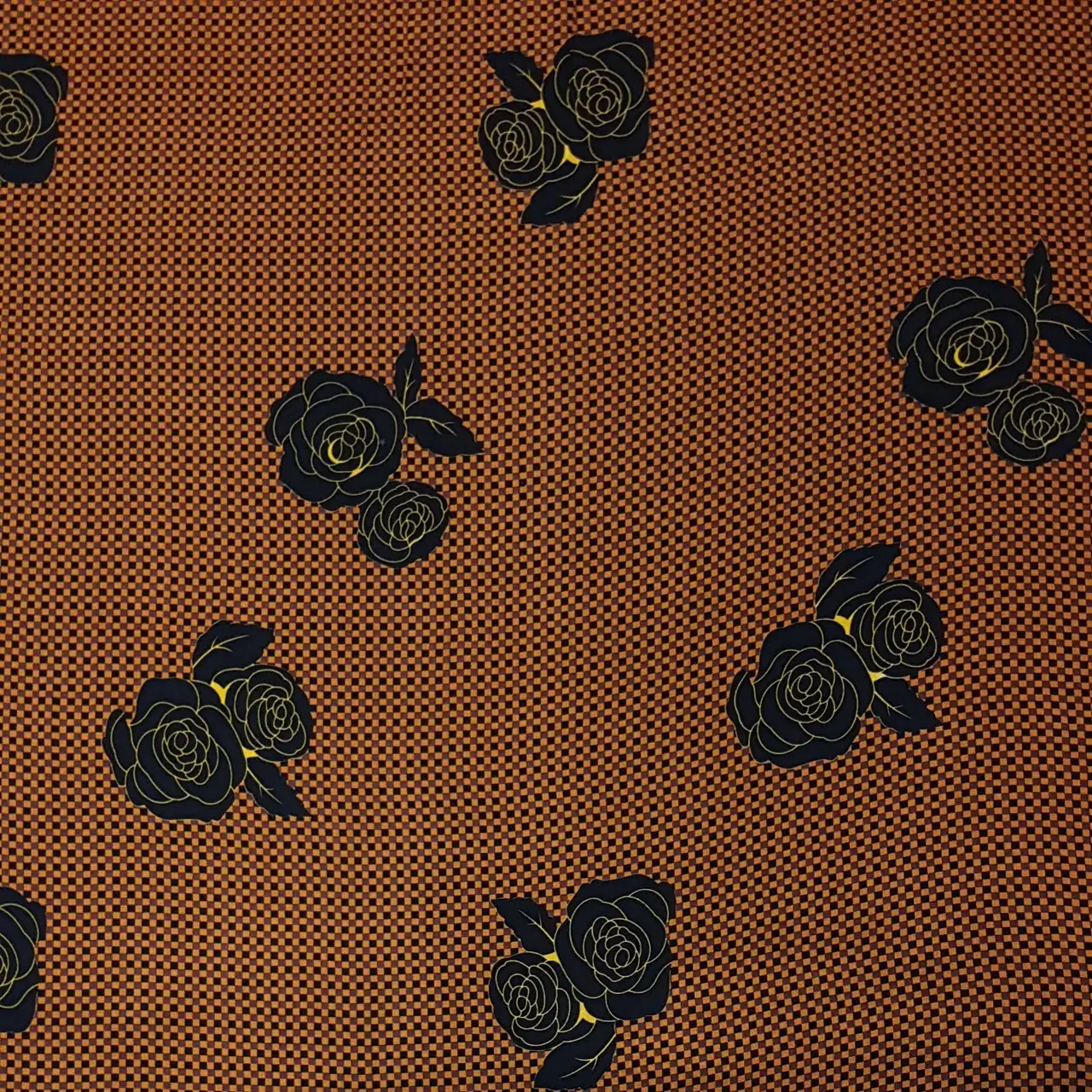 Floral13 Collection in Orange. Charcoal dotted ground scattered with large dusty mauve and tan shaded roses.