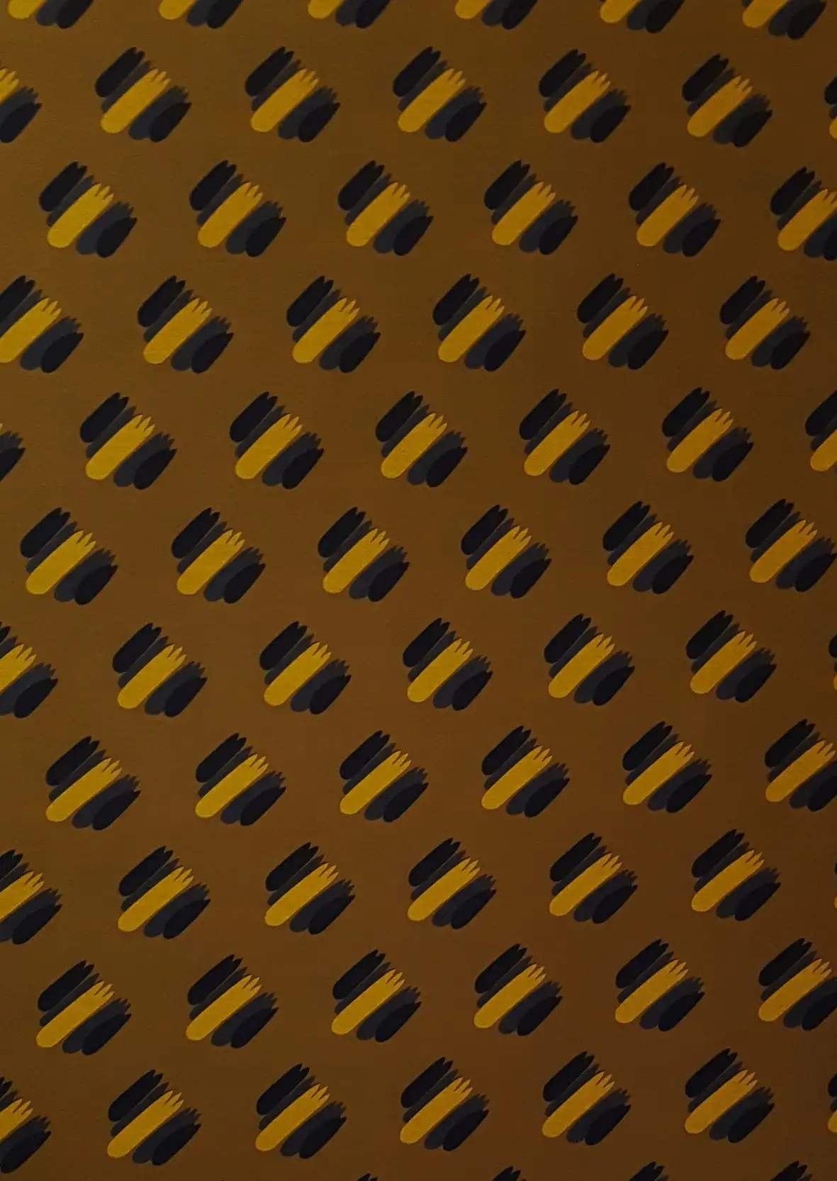 Geometric5 Collection in Orange. Golden-orange ground dotted with black and amber striped blocks outlined in dark brown.