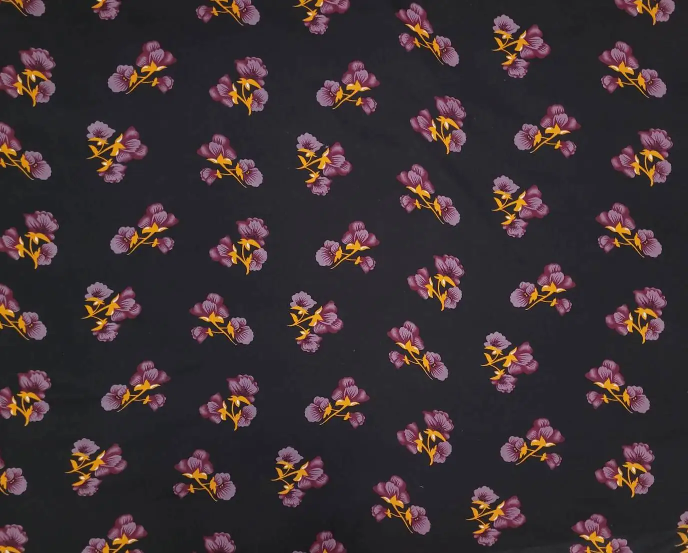 Floral12 Collection in Purple Flower. Maroon-red ground featuring golden-yellow and dusty mauve flowers with slim grey-blue stems.