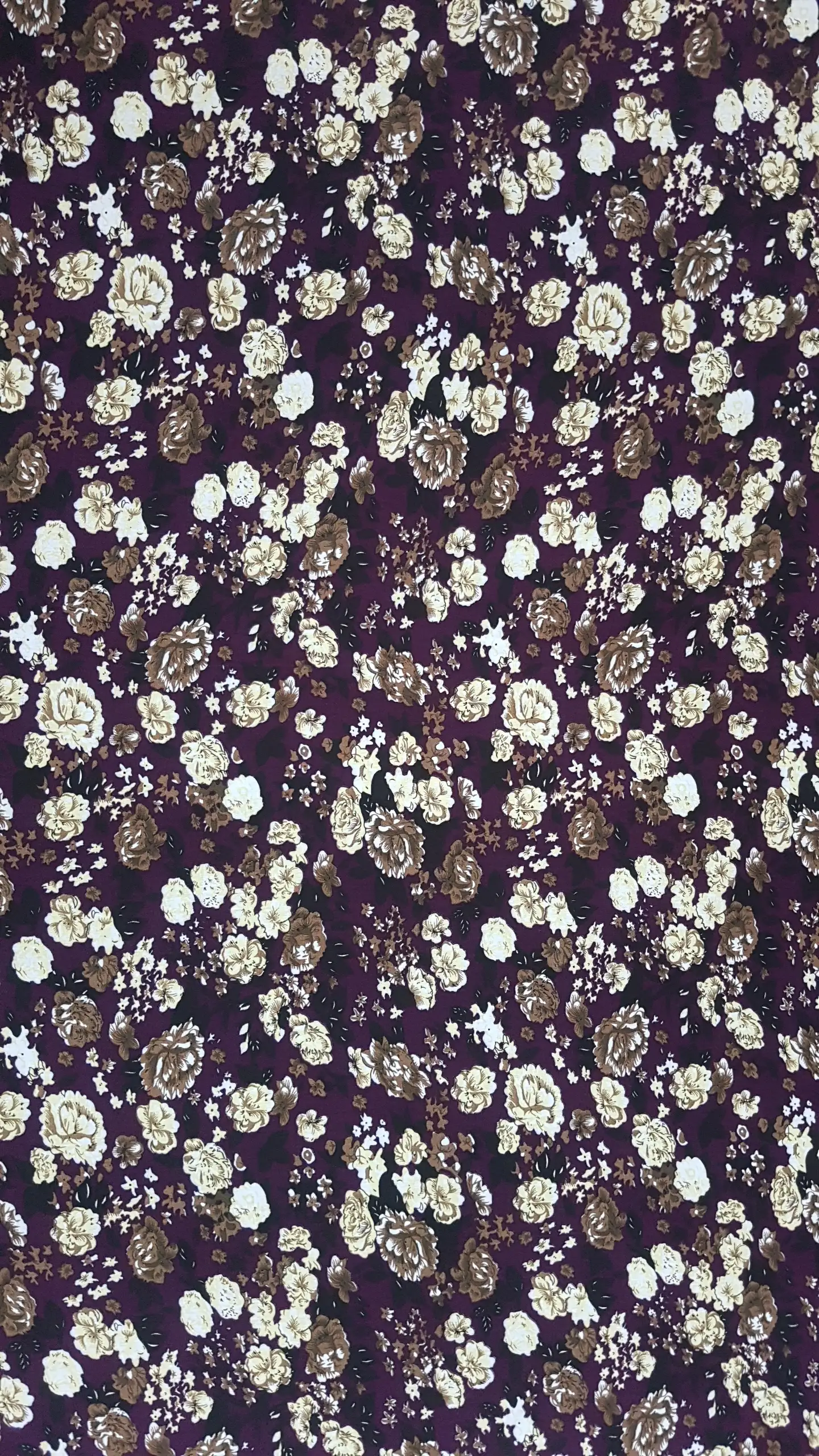 Floral9 Collection in Purple Yellow Flowers. Aubergine background with creamy yellow and brown roses and tiny white sprigs throughout.