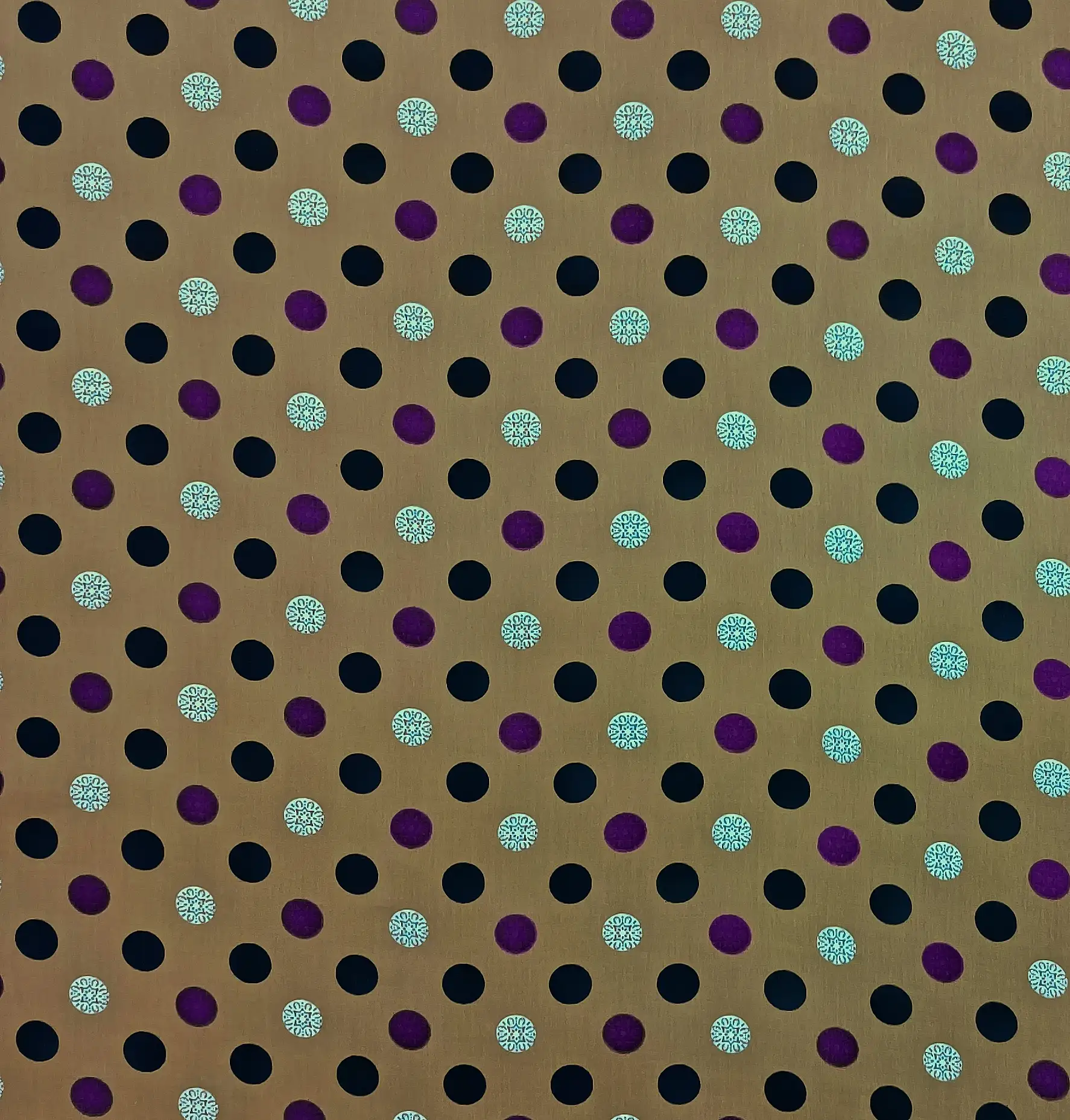Stripes and Dots3 Collection in Purple. Light camel ground dotted with black circles and magenta-purple and cream patterned dots.