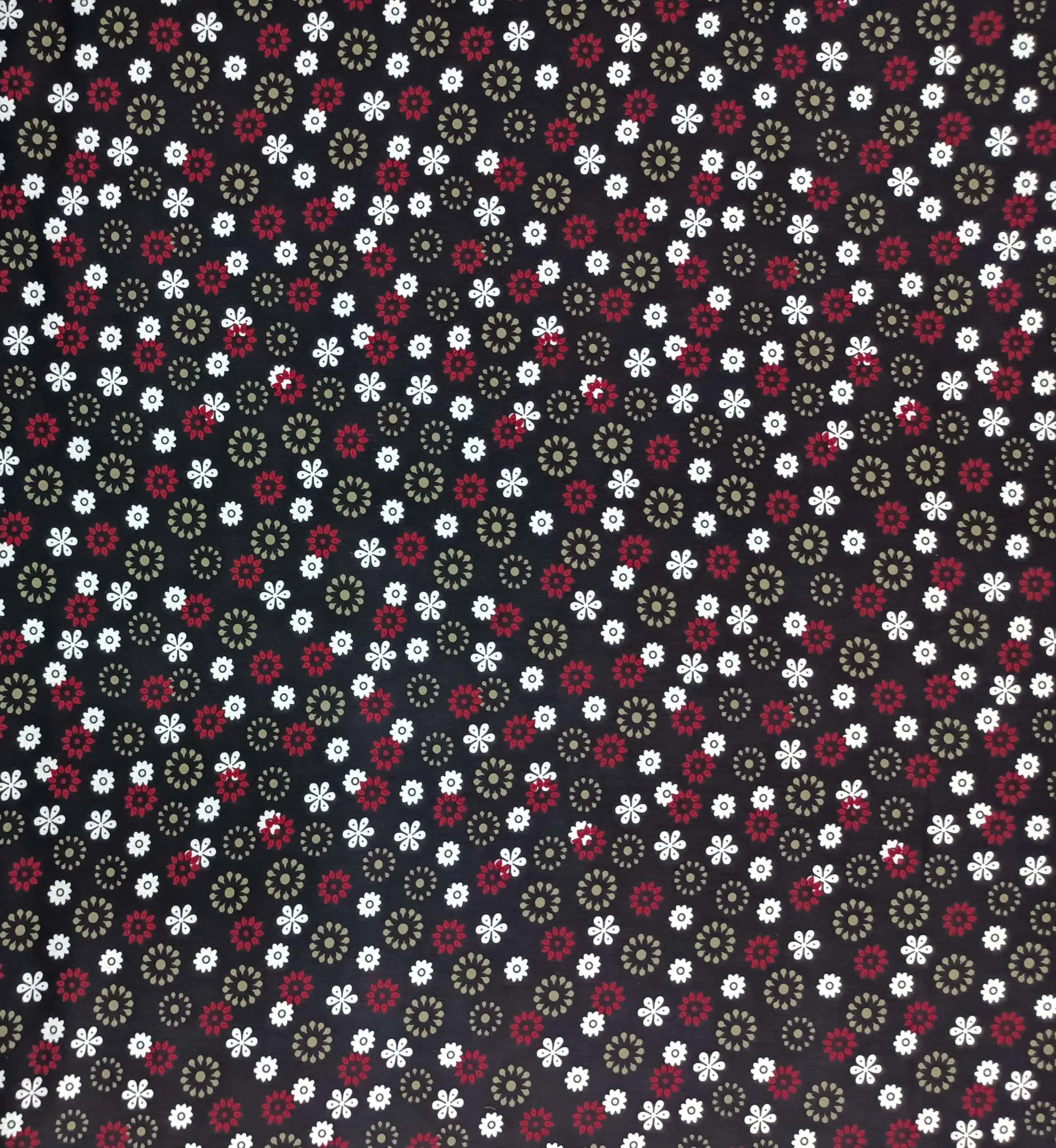 Floral2 Collection in Red. Near-black ground dotted with crimson red, white, and grey blossoms in a crisp contrast.