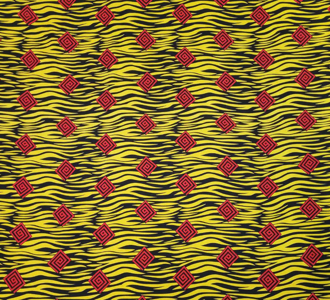 Stripes and Dots17 Collection in Red. Bright yellow zebra stripes over black, stamped with red-and-black maze diamonds.