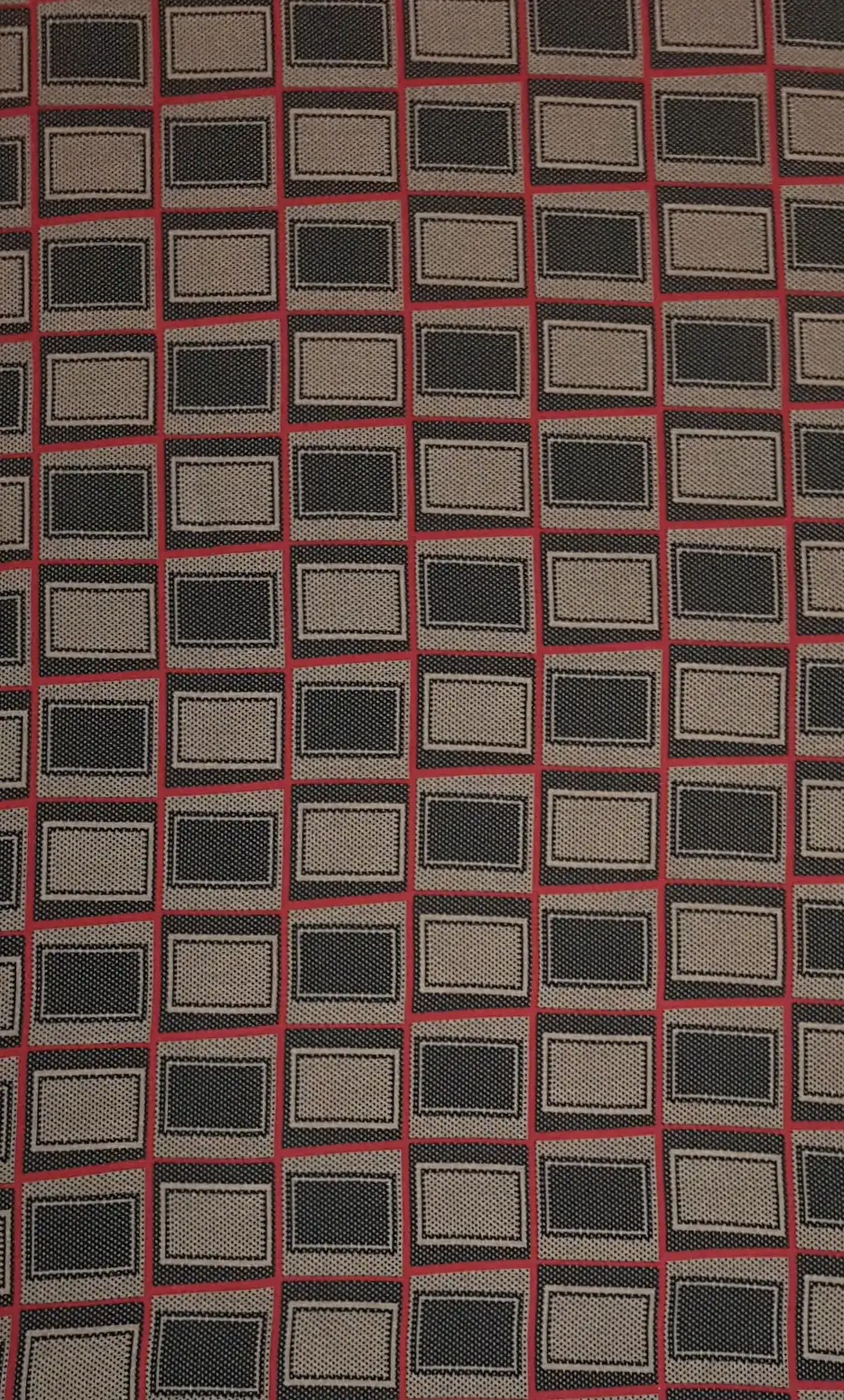 Geometric14 Collection in Red. Warm taupe ground with mocha rectangle panels outlined by deep red and gold stripes.
