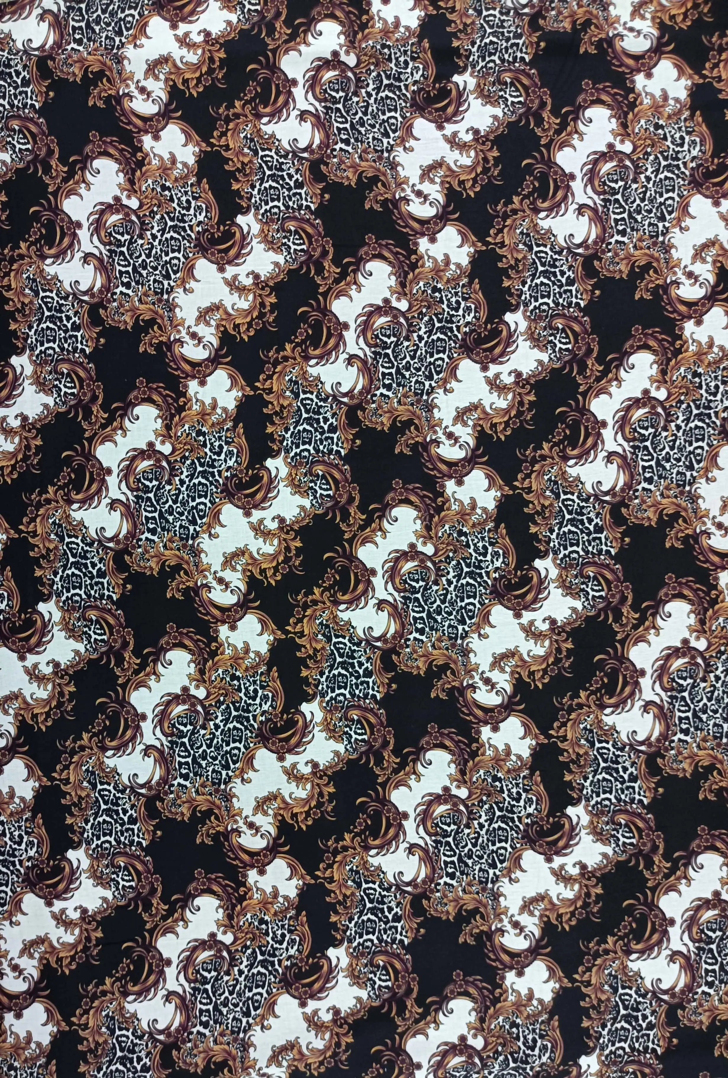 Geometric2 Collection in White. Cream-white base with brown and bronze flourishes set against soft black leopard print.
