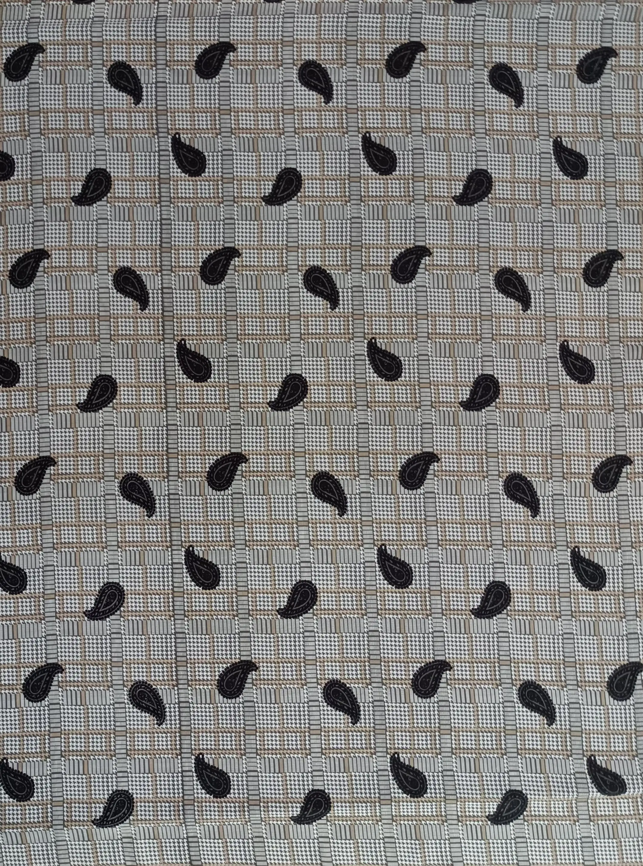 Geometric7 Collection in White. Off-white ground with light grey micro-check, black windowpane grid and inky black paisley motifs.