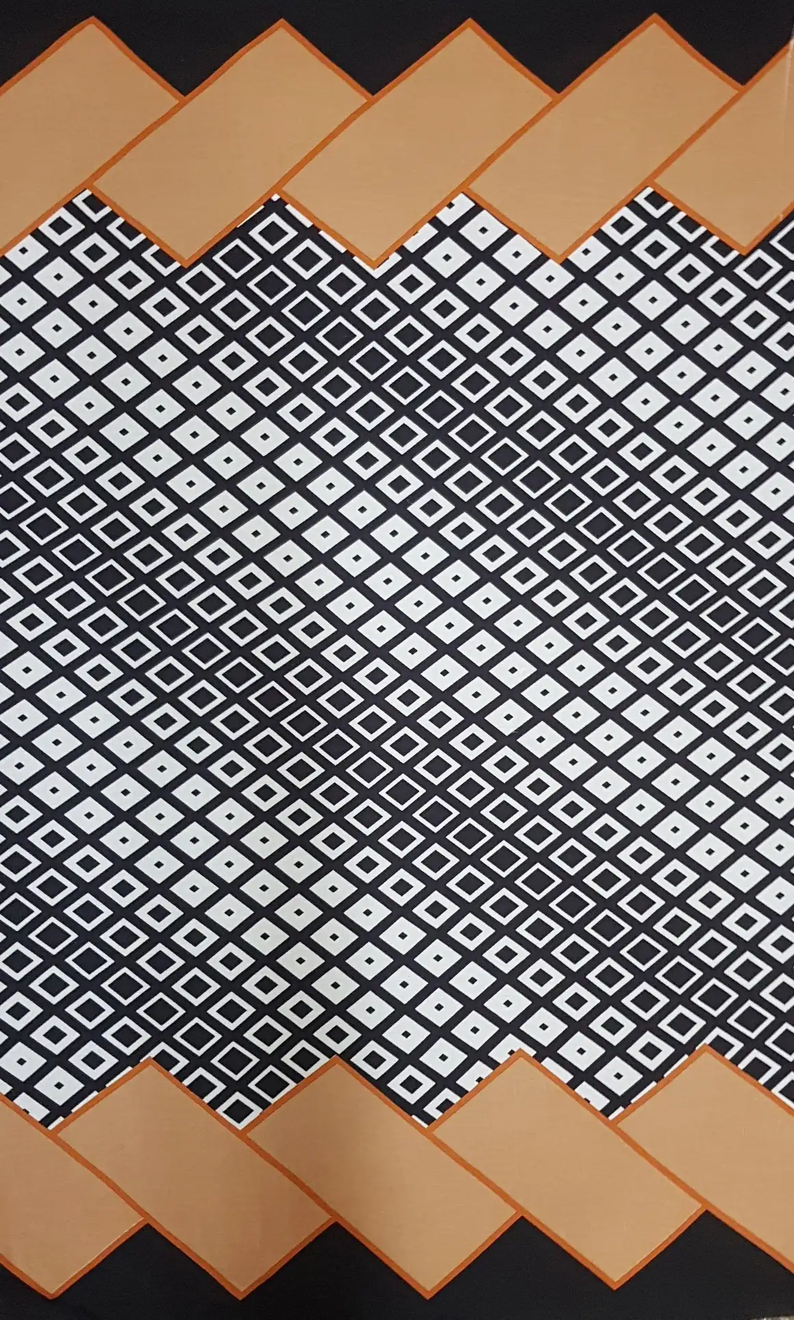 Geometric11 Collection in White. Charcoal-grey ground patterned in pale silver-white diamonds with black centers, capped by red and navy bands.