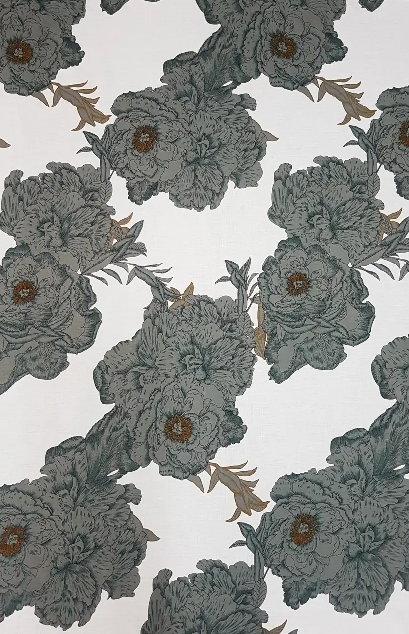 Floral24 Collection in White. Cream-tan ground with sketchy beige and taupe peonies set against dark brown shadows.