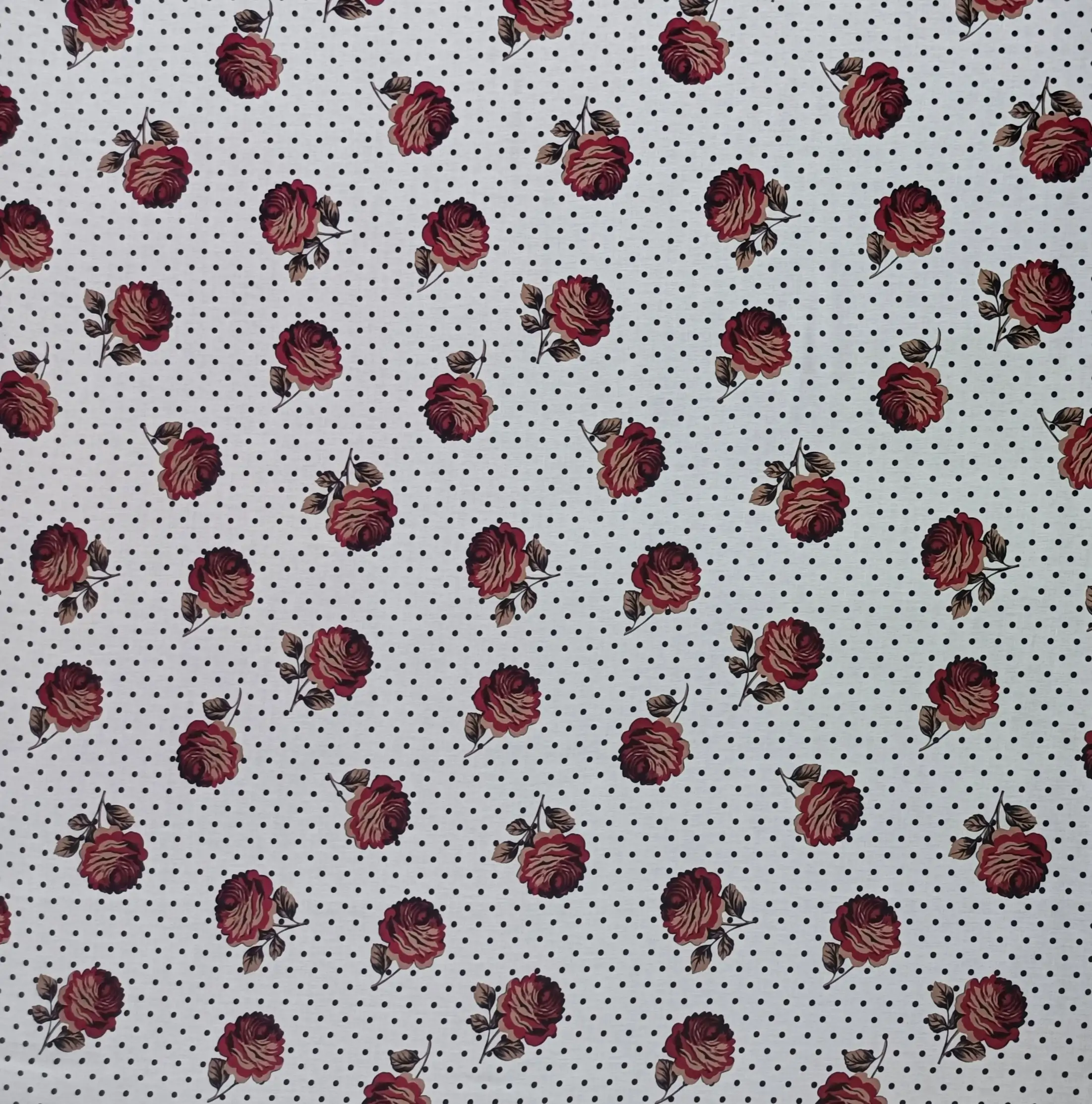 Floral4 Collection in White. White ground with grey dots, vivid red roses, and soft brown trailing leaves.