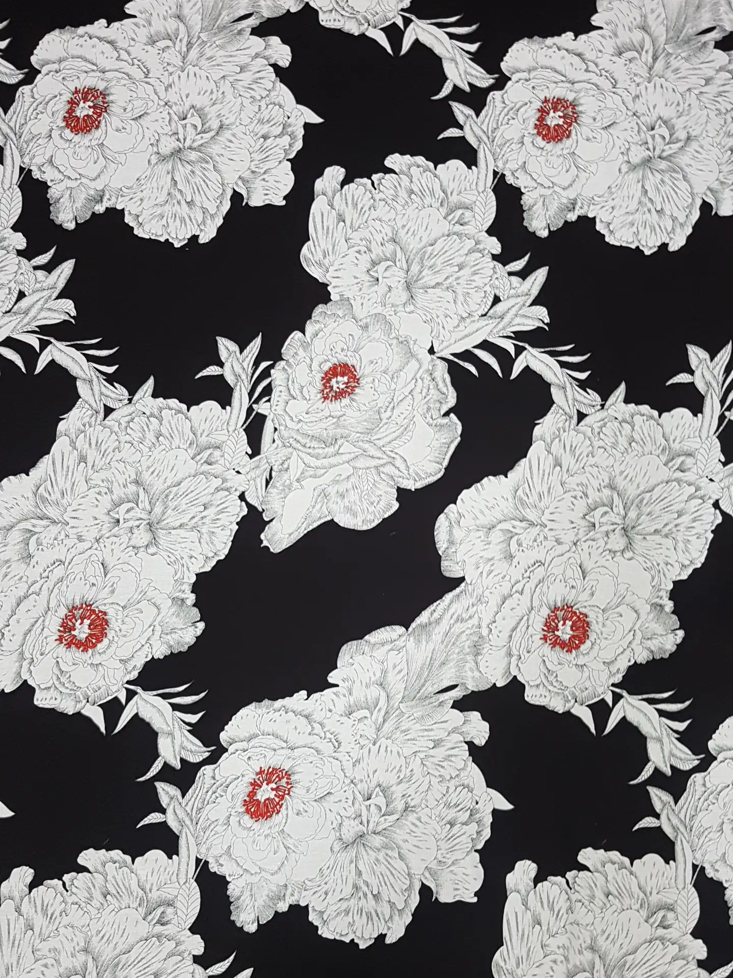 Floral23 Collection in White. Black ground with full peonies outlined in crisp white and pale grey, touched by faint red centers.