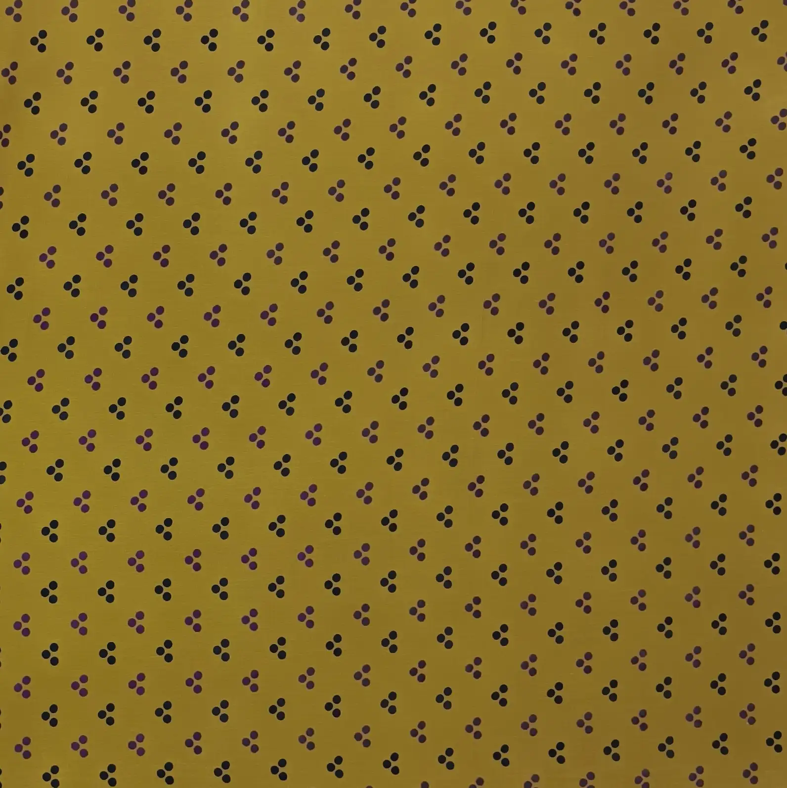 Stripes and Dots2 Collection in Yellow. Mustard-gold ground sprinkled with three-dot groups in plum-purple, dark navy, and grey.