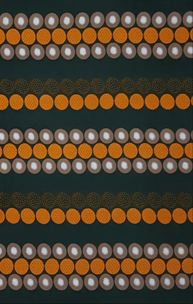 Stripes and Dots14 Collection in Green Orange. Deep green ground with cream, gold and orange dots in glossy rows.