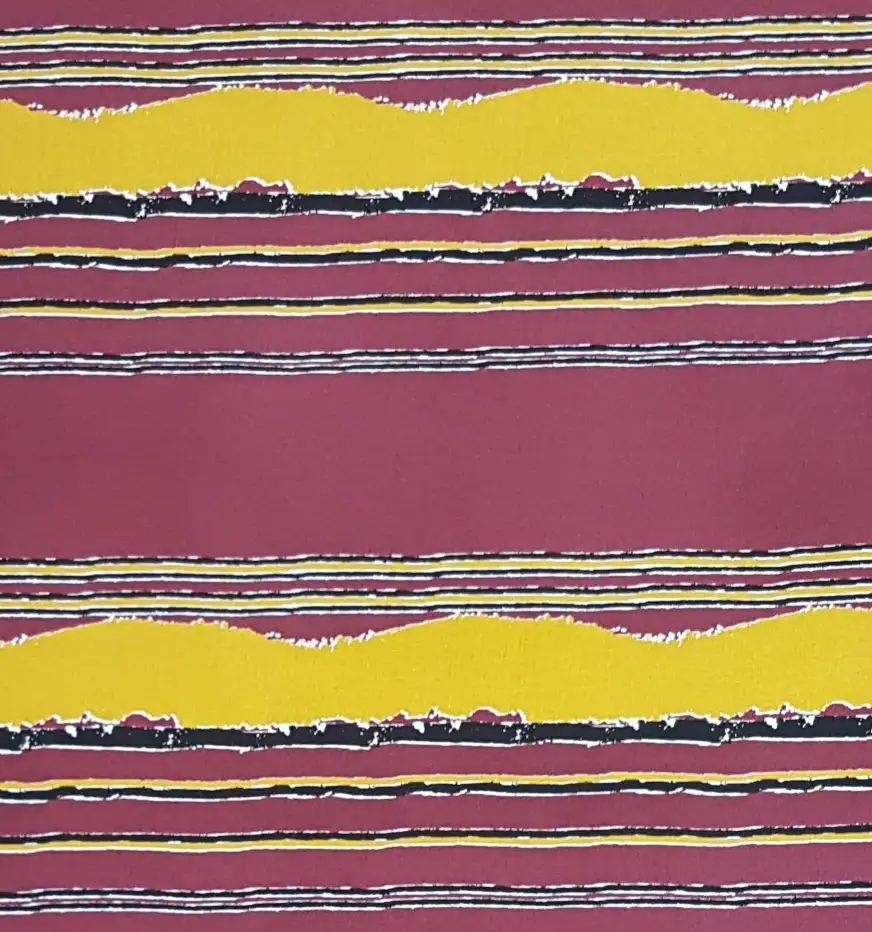 Stripes and Dots6 Collection in Maroon Yellow. Dusty maroon ground washed with mustard-yellow swells and thin navy and silver edge striping.
