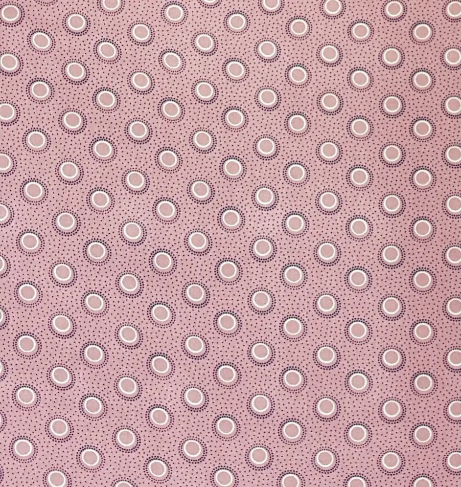 Stripes and Dots18 Collection in Pink. Indigo-navy ground dotted with pale blue and white concentric rings and tiny circles.