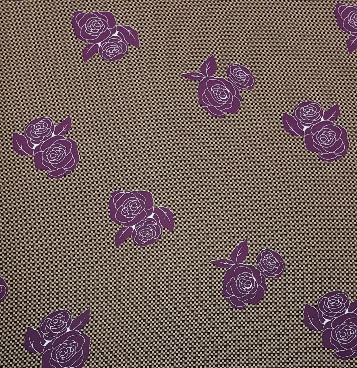 Floral13 Collection in Purple. Warm tan ground patterned with teal-blue roses outlined in black, leaves trailing alongside.