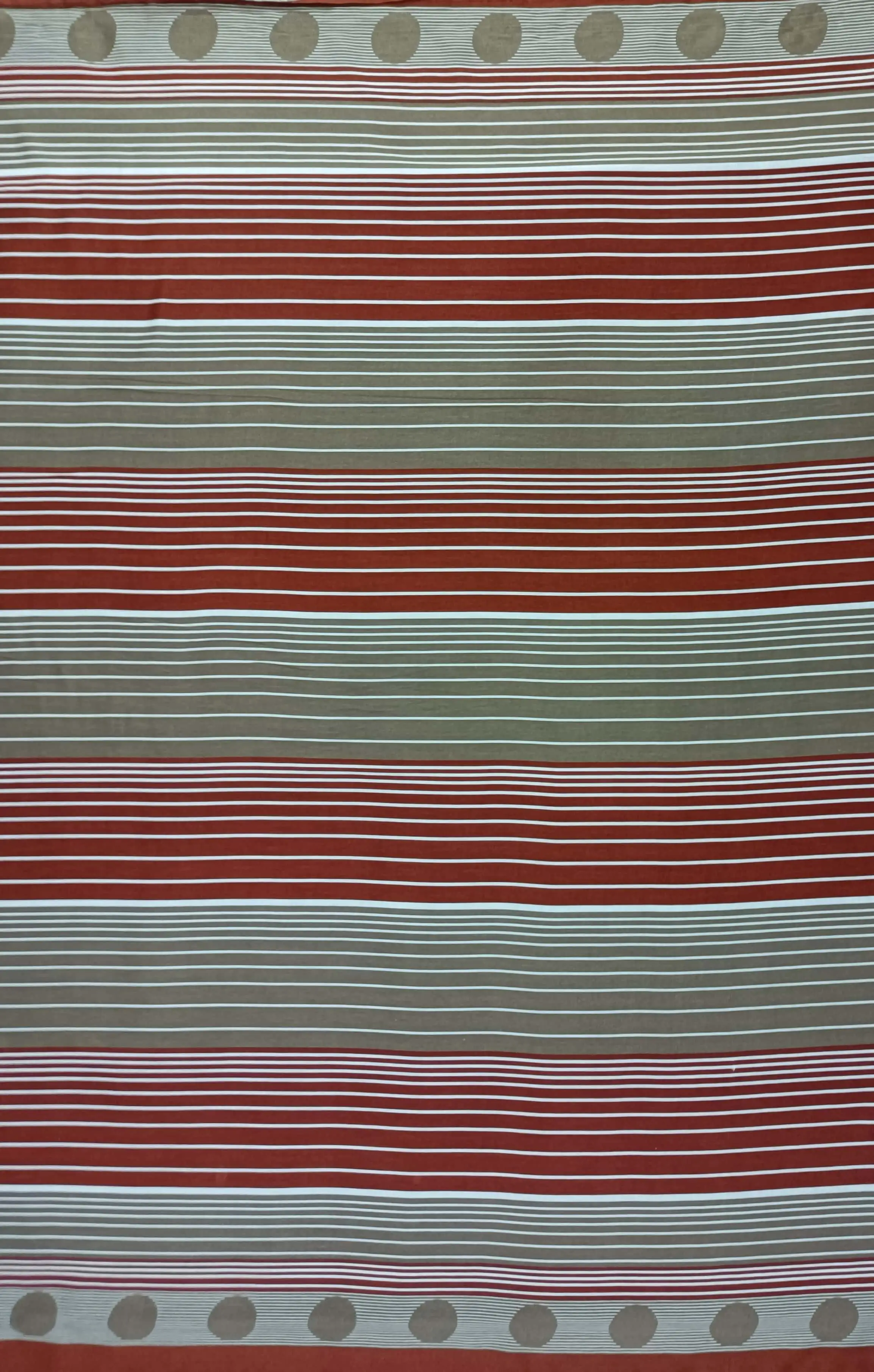 Stripes and Dots5 Collection in Red. Warm taupe ground striped with brick-red bands, white lines, and gray dotted rows.