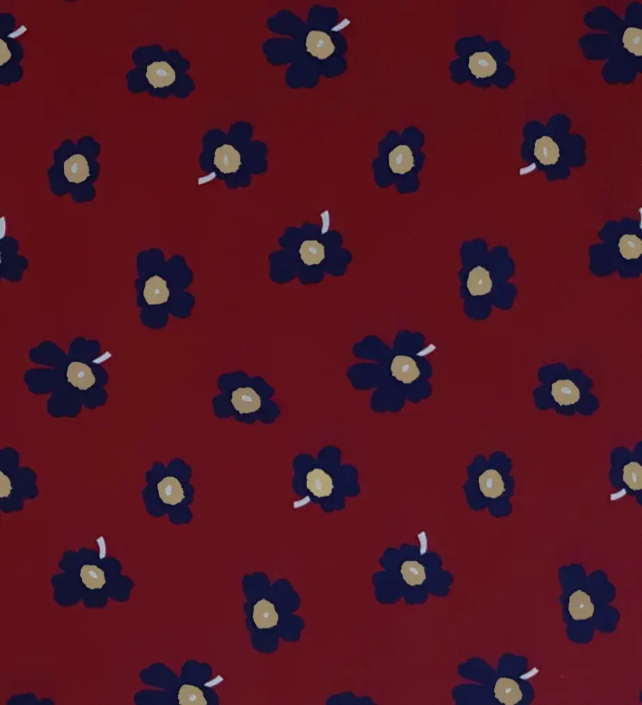 Floral6 Collection in Red. Bright crimson-red ground holds navy-blue blossoms with tan and golden centers.