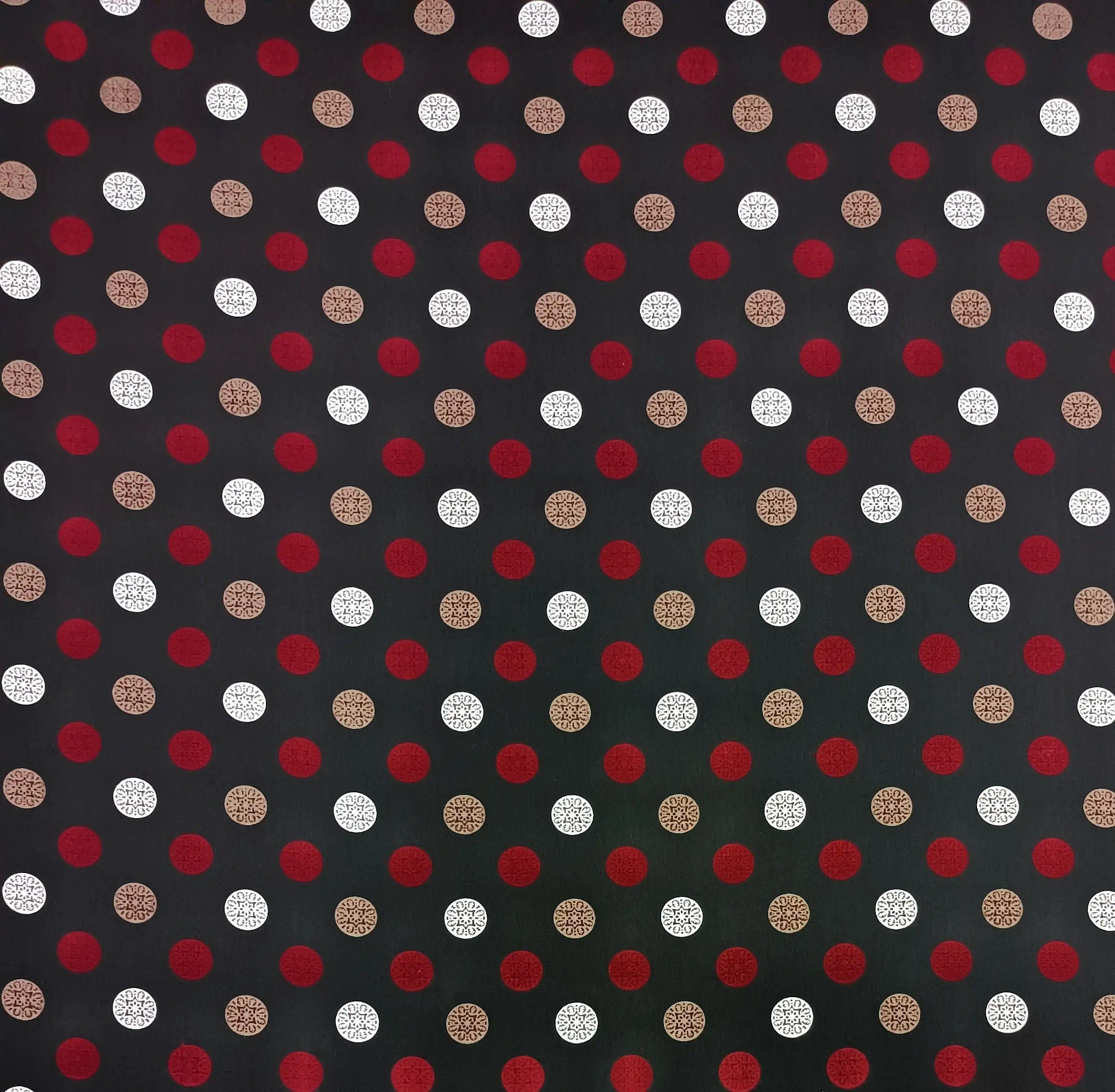 Stripes and Dots3 Collection in Red. Black ground packed with bright red and beige dots, some bearing fine starburst centers.
