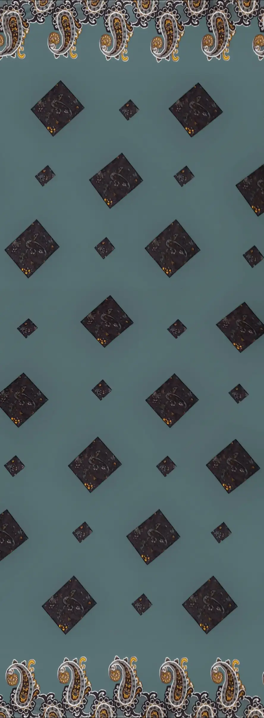 Geometric15 Collection in Turquoise. Soft turquoise ground set with charcoal diamonds and rust-red paisley curls and gold flecks.