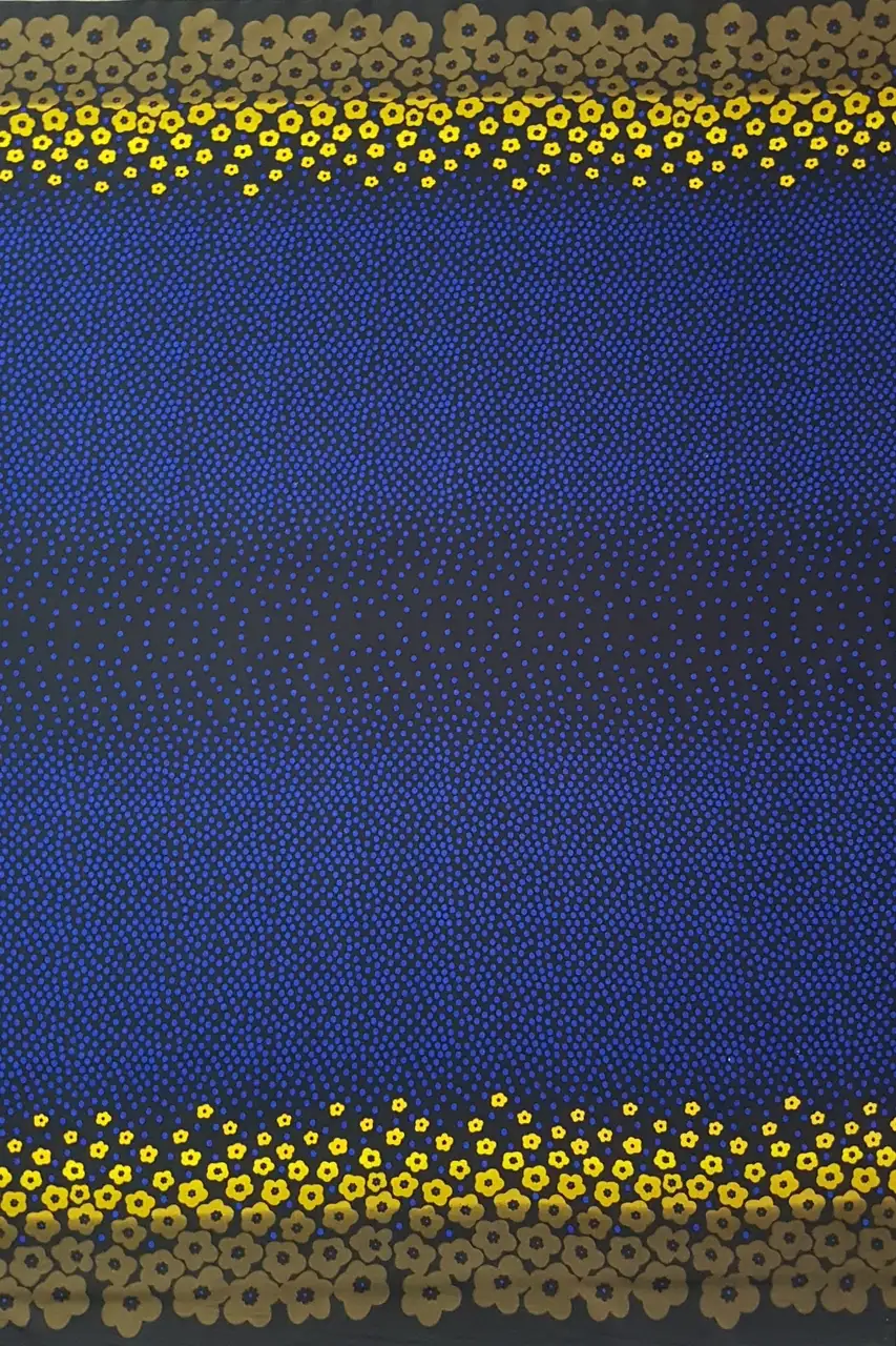 Floral14 Collection in Yellow Flowers. Black ground packed with bright yellow dots and rust-orange flowers edged in white.