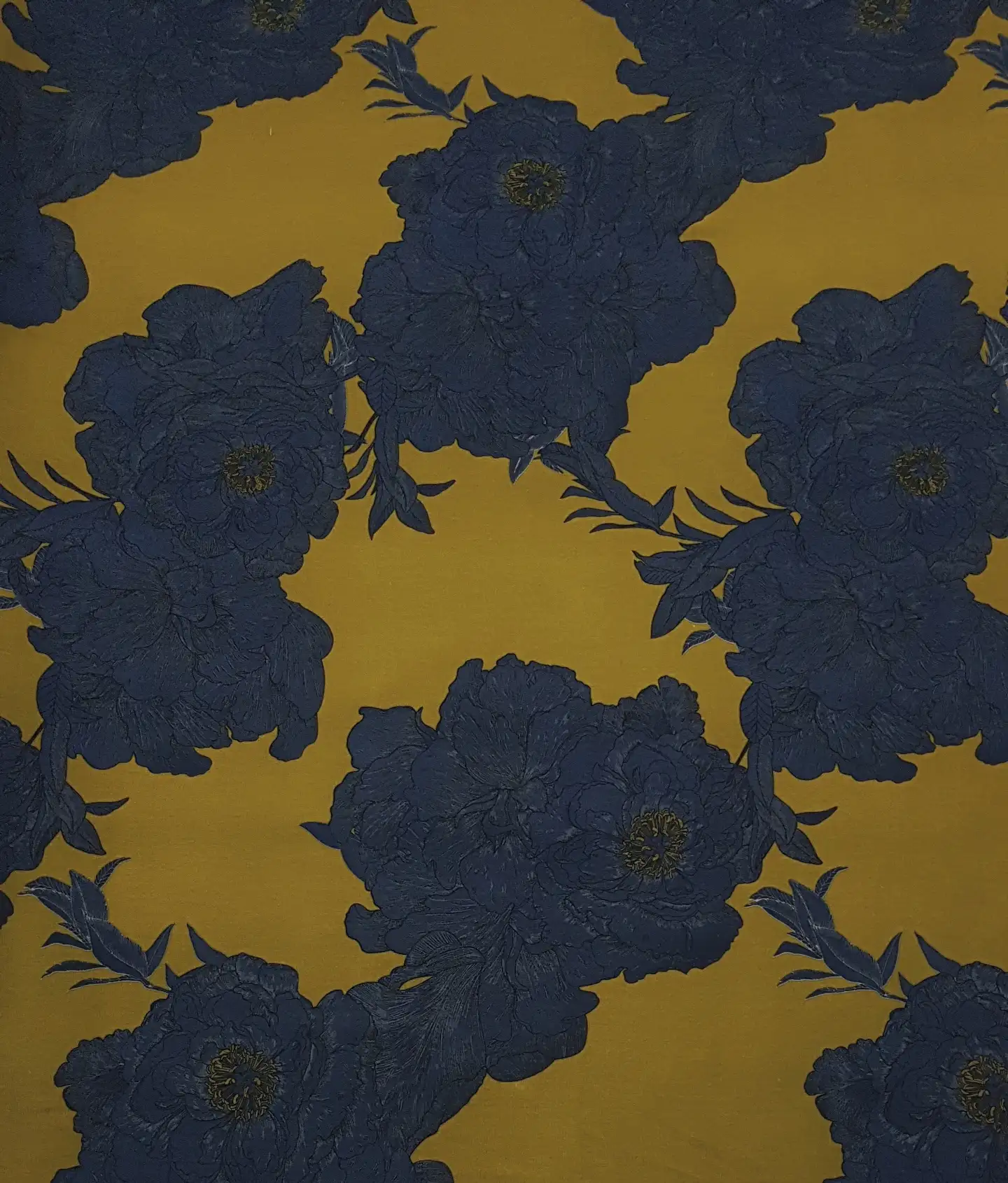 Floral24 Collection in Yellow. Bright golden-yellow ground with steel-blue petals and dark navy leaf accents.