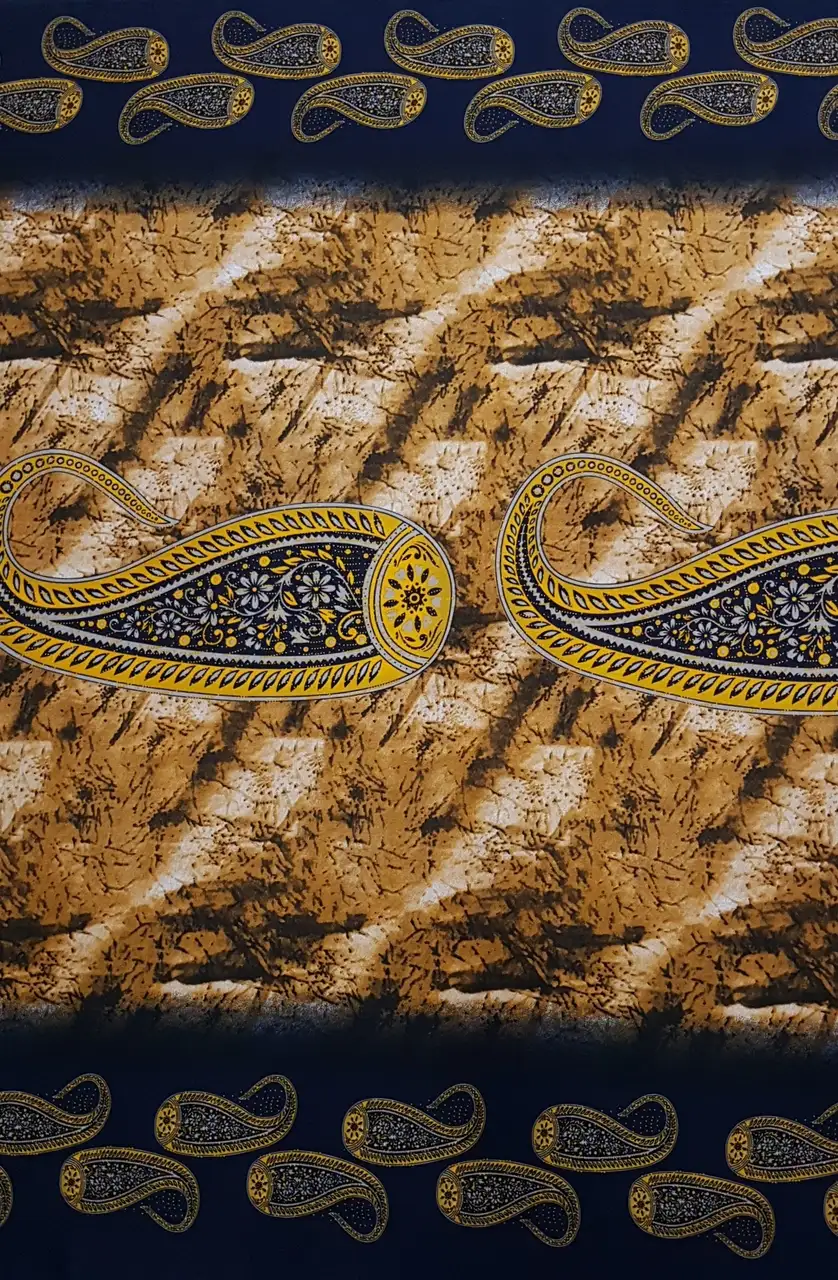 Geometric9 Collection in Yellow. Golden ochre and cream marbled ground framed by a black braid with bright yellow scrollwork.