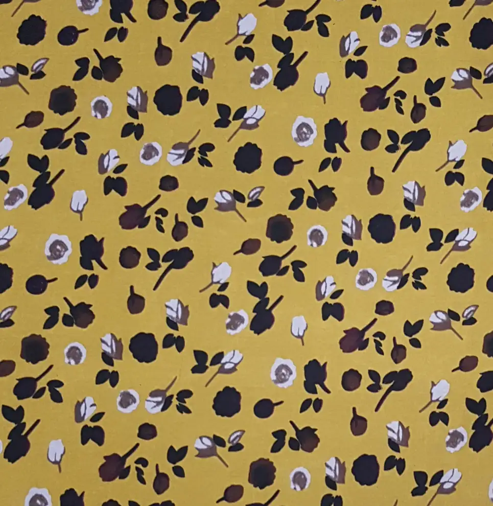 Floral18 Collection in Yellow. Golden yellow ground carrying black, rust and white roses with dark charcoal leafy sprigs.
