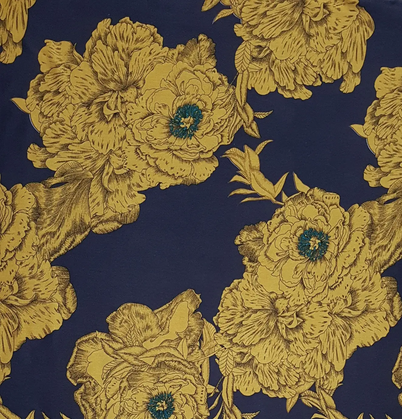 Floral23 Collection in Yellow. Black ground showing golden-yellow flowers and foliage with fine brown detailing throughout.