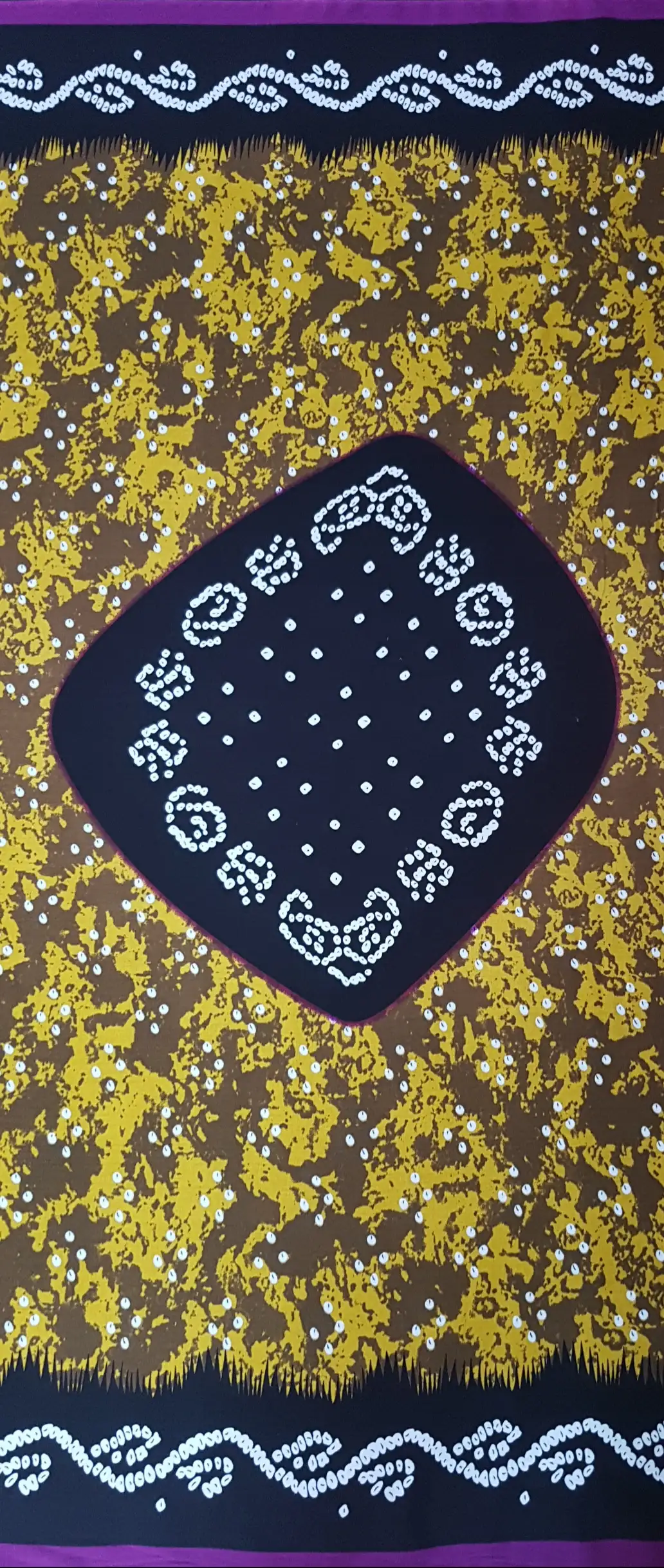 Geometric8 Collection in Yellow. Charcoal ground splashed with crimson and white speckles, set against a soft rose panel with lacy borders.