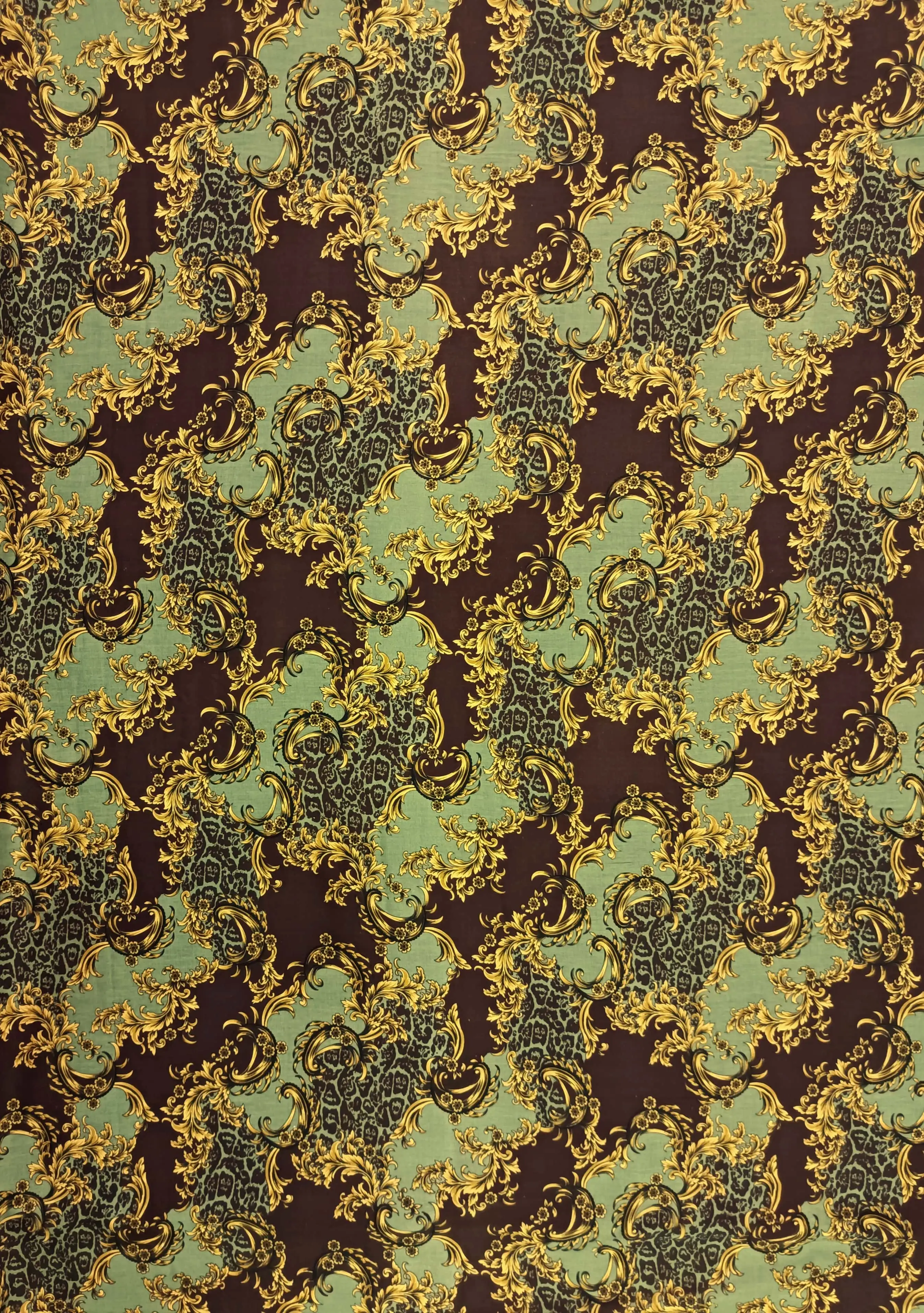 Geometric2 Collection in Yellow. Tan and ivory ground showing golden-yellow baroque curls and pale animal-spot detailing.