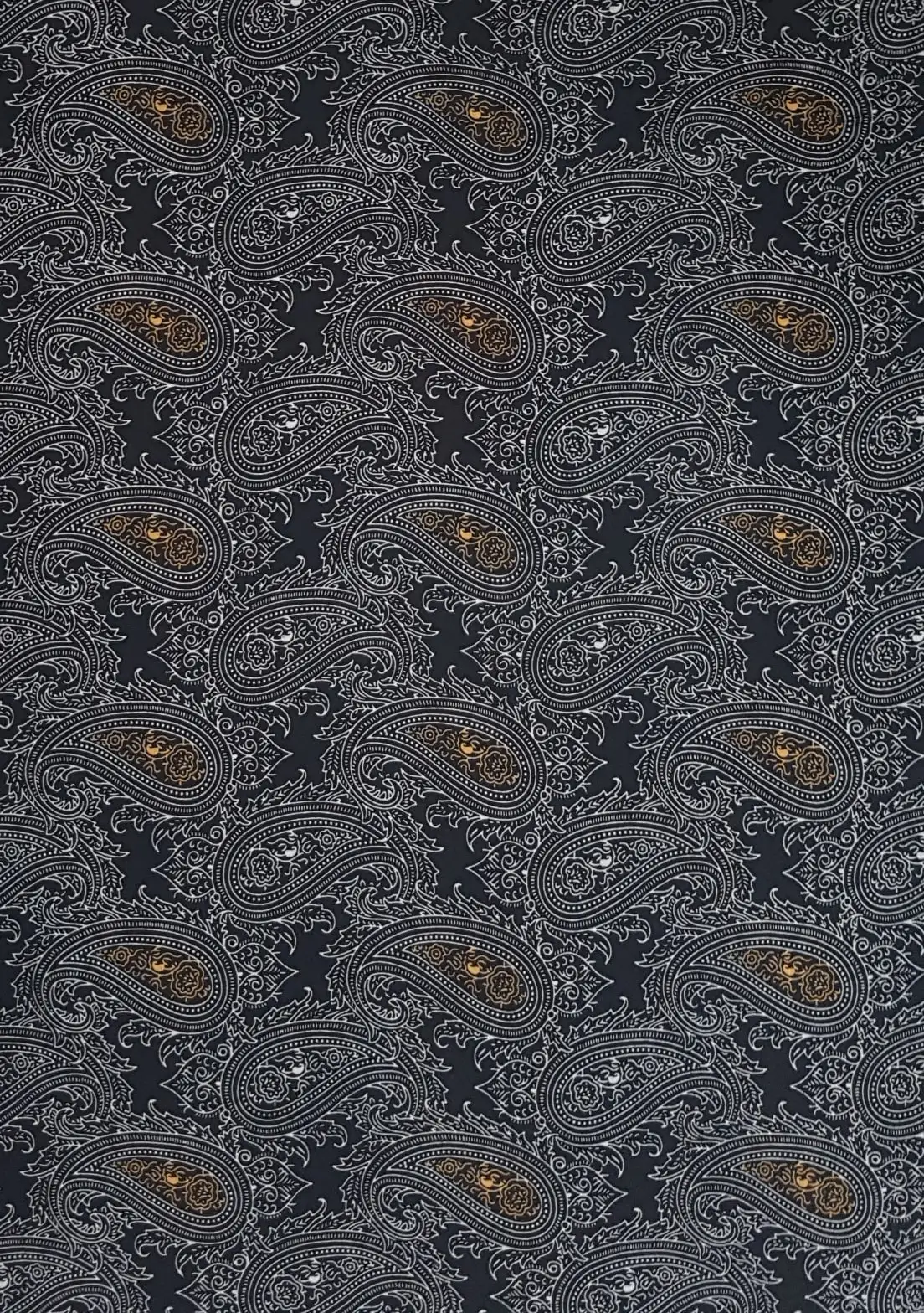 Geometric16 Collection in Yellow. Olive-yellow ground covered in dark fine scrolls, with amber and ochre paisley fills.