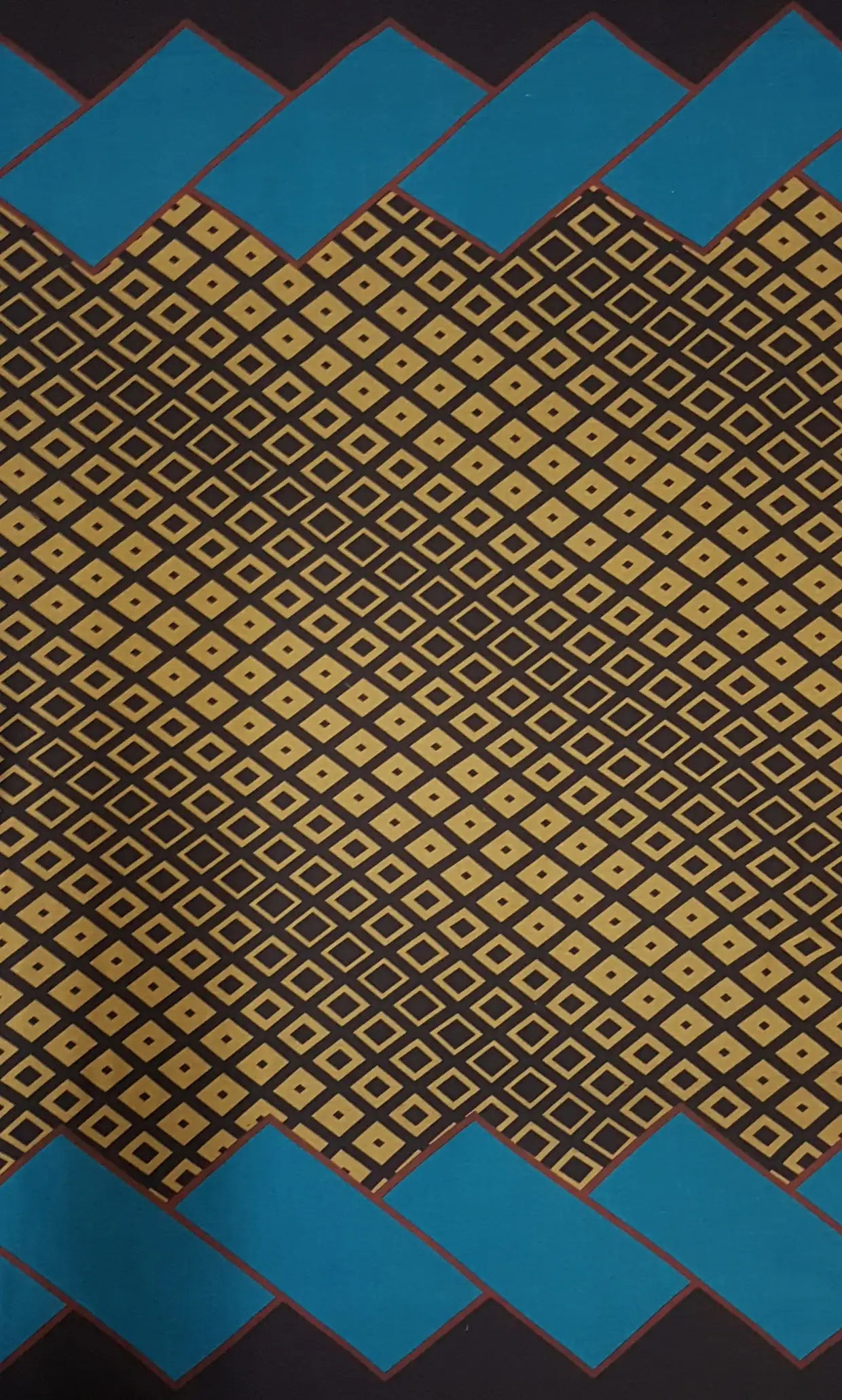 Geometric11 Collection in Yellow. Black ground holding a warm golden-tan diamond lattice with small dots, framed by mustard and peach curves.